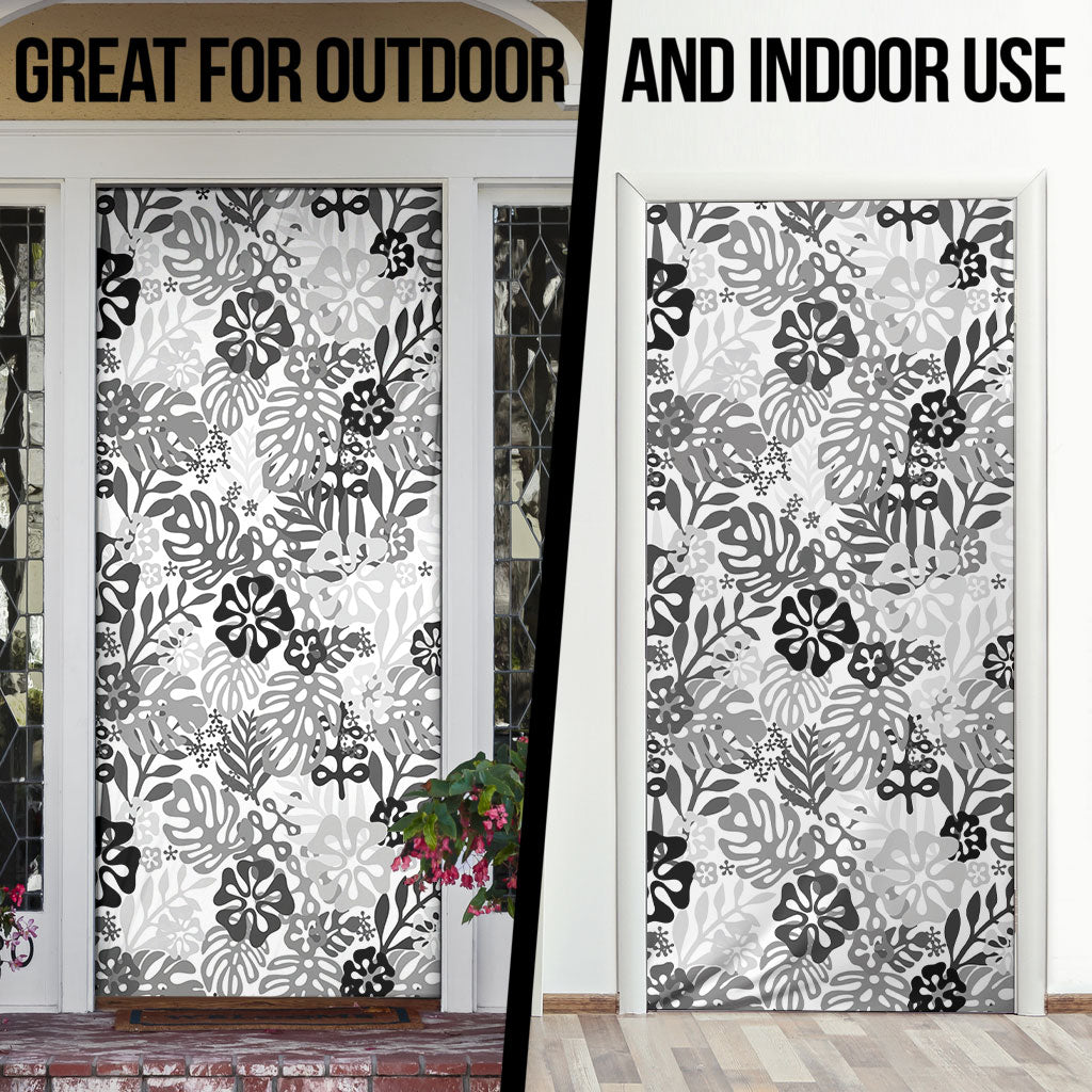 White Aloha Hawaiian Door Cover Monstera Hibiscus Tropical Pattern