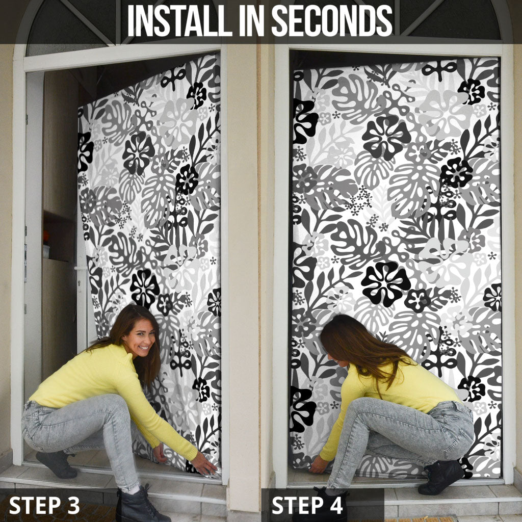 White Aloha Hawaiian Door Cover Monstera Hibiscus Tropical Pattern