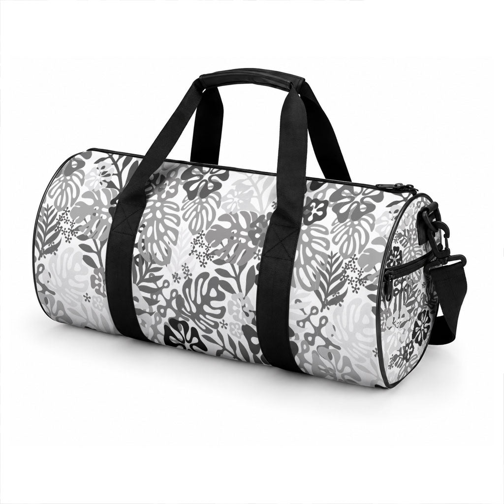 White Aloha Hawaiian Duffle Bag Monstera Hibiscus Tropical Pattern