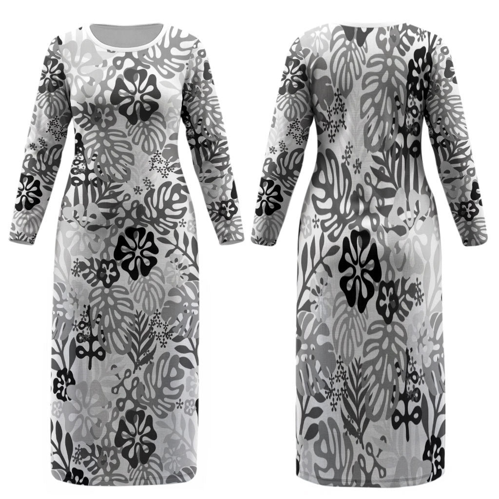 White Aloha Hawaiian Family Matching Long Sleeve Bodycon Dress and Hawaiian Shirt Monstera Hibiscus Tropical Pattern