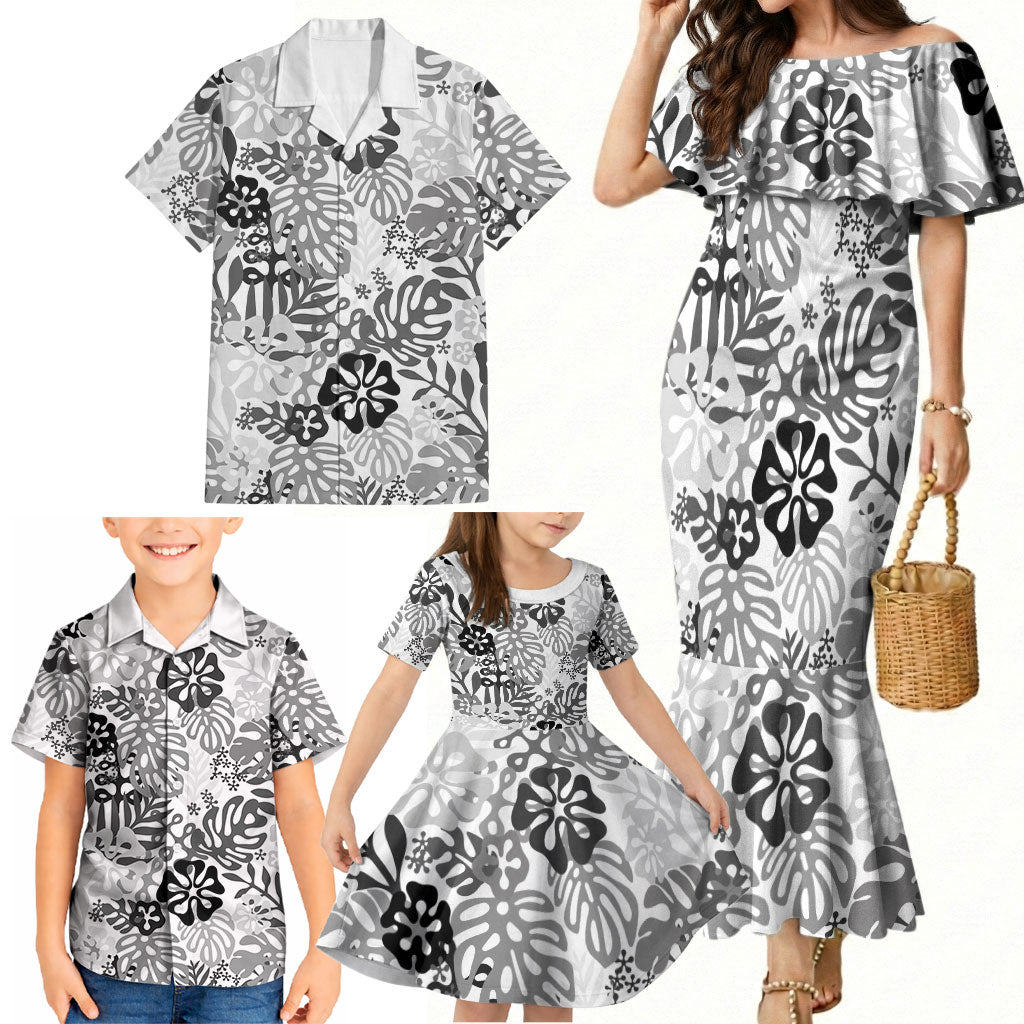 White Aloha Hawaiian Family Matching Mermaid Dress and Hawaiian Shirt Monstera Hibiscus Tropical Pattern