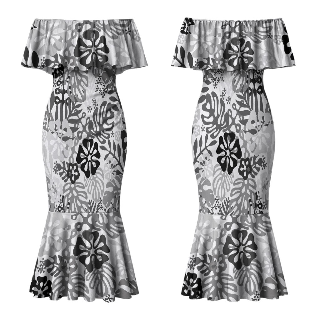 White Aloha Hawaiian Family Matching Mermaid Dress and Hawaiian Shirt Monstera Hibiscus Tropical Pattern