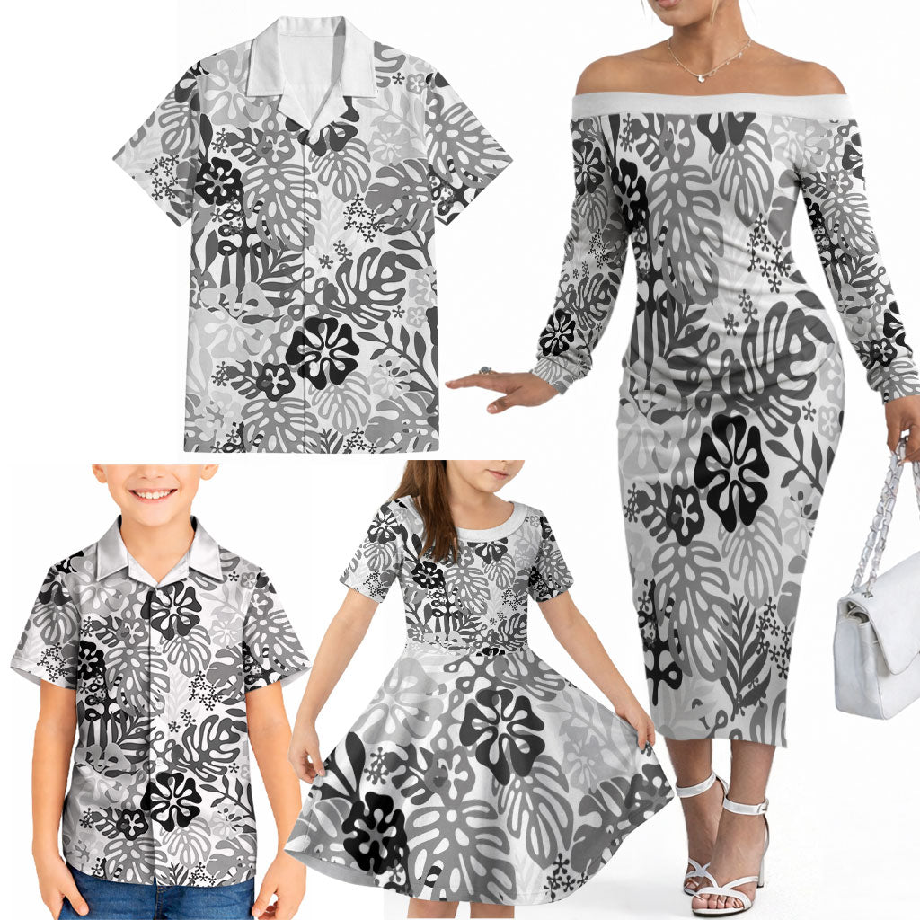 White Aloha Hawaiian Family Matching Off The Shoulder Long Sleeve Dress and Hawaiian Shirt Monstera Hibiscus Tropical Pattern