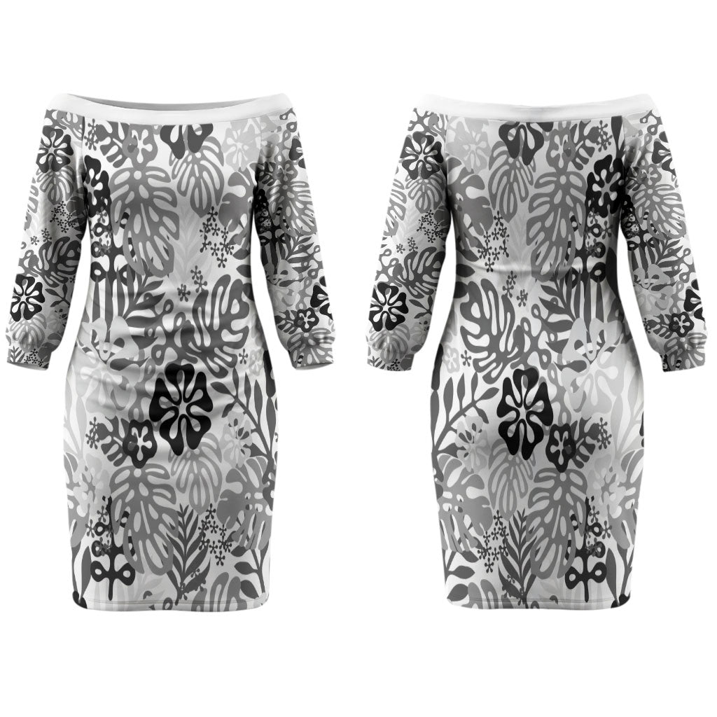 White Aloha Hawaiian Family Matching Off The Shoulder Long Sleeve Dress and Hawaiian Shirt Monstera Hibiscus Tropical Pattern