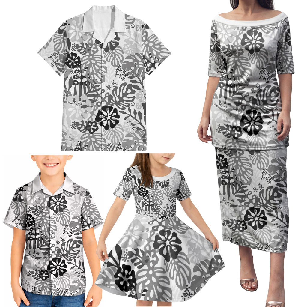White Aloha Hawaiian Family Matching Puletasi and Hawaiian Shirt Monstera Hibiscus Tropical Pattern