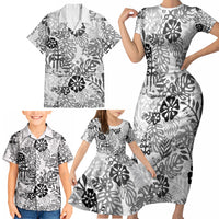 White Aloha Hawaiian Family Matching Short Sleeve Bodycon Dress and Hawaiian Shirt Monstera Hibiscus Tropical Pattern