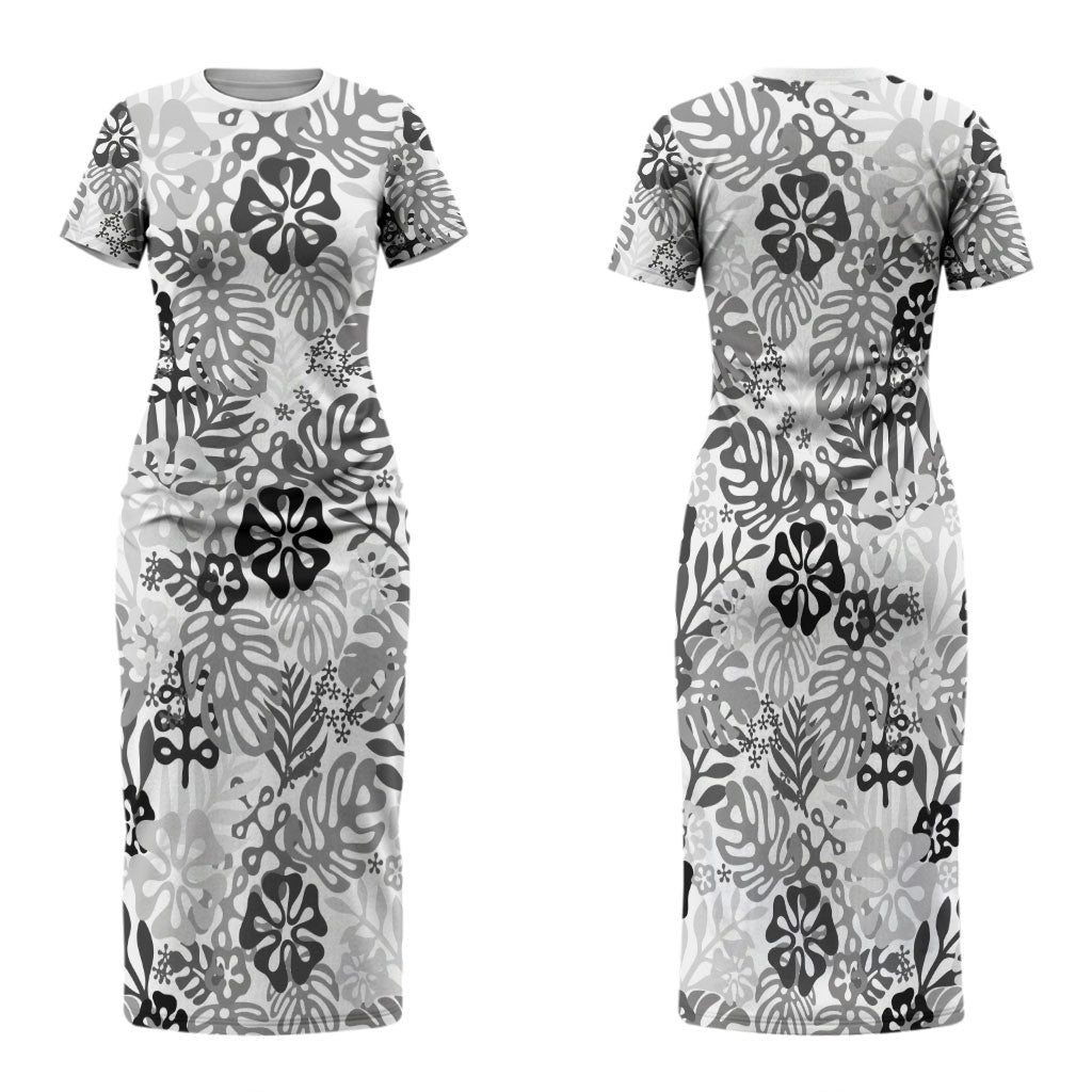 White Aloha Hawaiian Family Matching Short Sleeve Bodycon Dress and Hawaiian Shirt Monstera Hibiscus Tropical Pattern