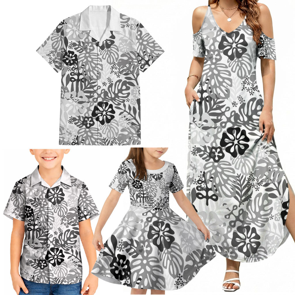 White Aloha Hawaiian Family Matching Summer Maxi Dress and Hawaiian Shirt Monstera Hibiscus Tropical Pattern