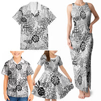 White Aloha Hawaiian Family Matching Tank Maxi Dress and Hawaiian Shirt Monstera Hibiscus Tropical Pattern