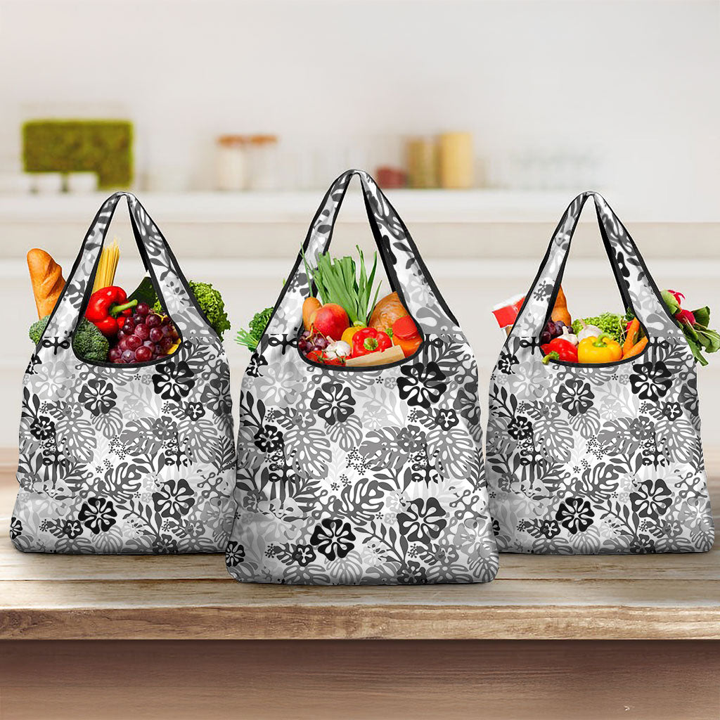 White Aloha Hawaiian Grocery Bag Monstera Hibiscus Tropical Pattern