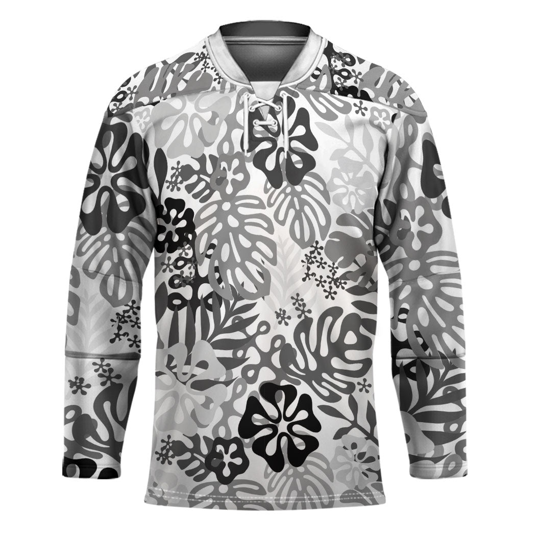 White Aloha Hawaiian Hockey Jersey Monstera Hibiscus Tropical Pattern