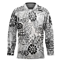 White Aloha Hawaiian Hockey Jersey Monstera Hibiscus Tropical Pattern