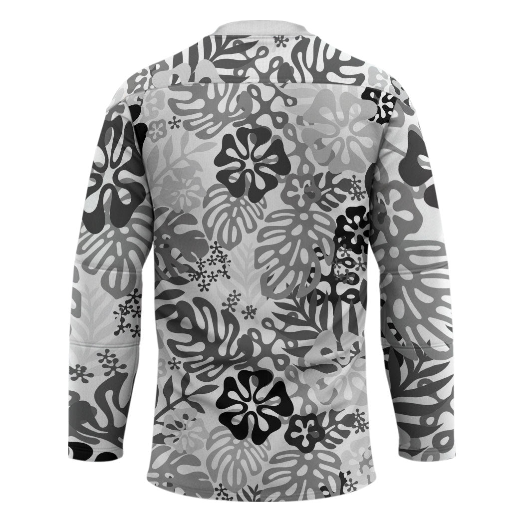 White Aloha Hawaiian Hockey Jersey Monstera Hibiscus Tropical Pattern