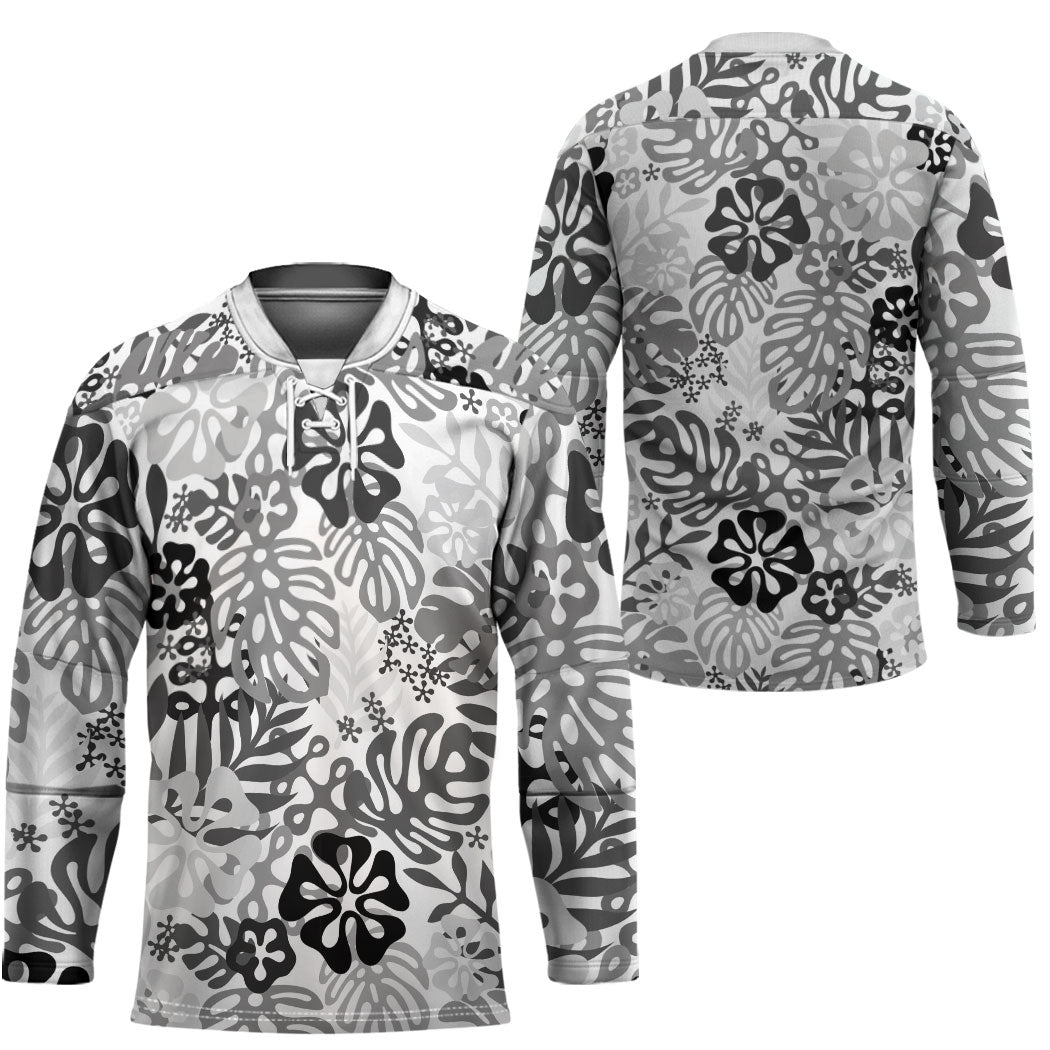 White Aloha Hawaiian Hockey Jersey Monstera Hibiscus Tropical Pattern