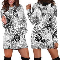 White Aloha Hawaiian Hoodie Dress Monstera Hibiscus Tropical Pattern