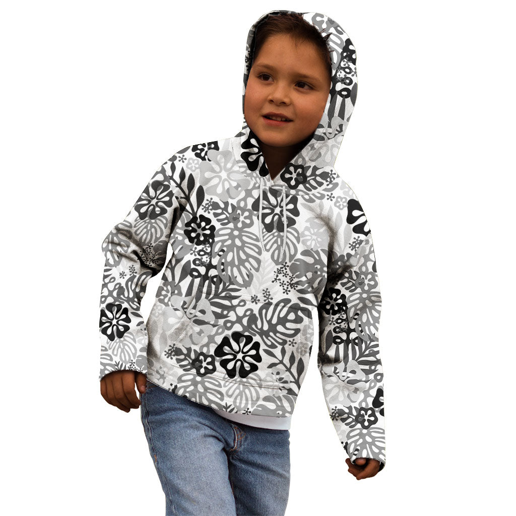 White Aloha Hawaiian Kid Hoodie Monstera Hibiscus Tropical Pattern