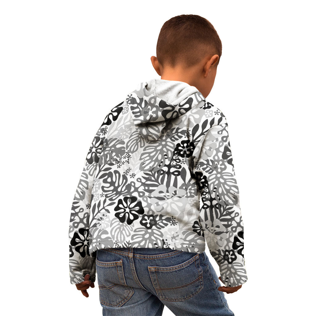 White Aloha Hawaiian Kid Hoodie Monstera Hibiscus Tropical Pattern