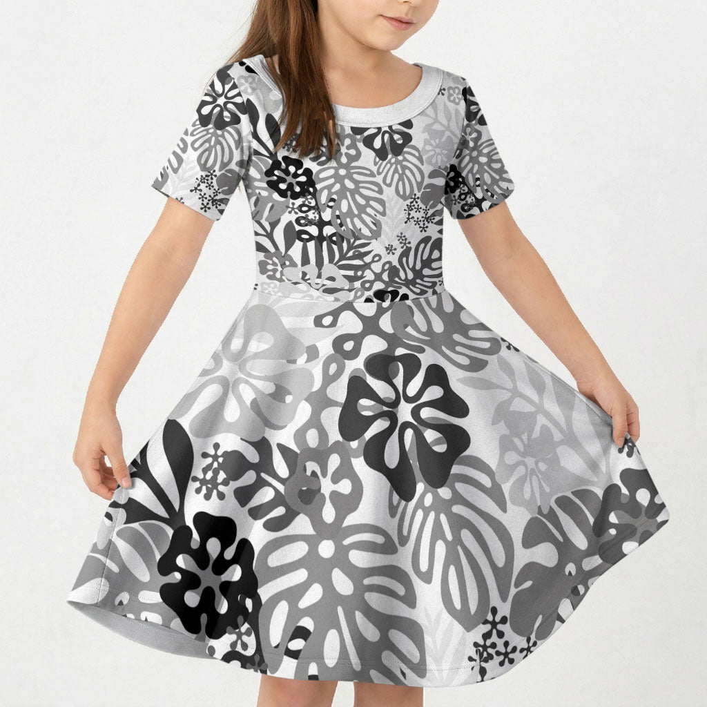 White Aloha Hawaiian Kid Short Sleeve Dress Monstera Hibiscus Tropical Pattern