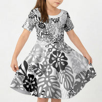 White Aloha Hawaiian Kid Short Sleeve Dress Monstera Hibiscus Tropical Pattern