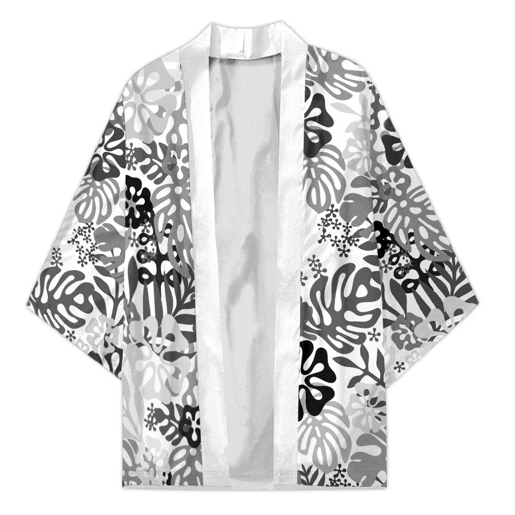 White Aloha Hawaiian Kimono Monstera Hibiscus Tropical Pattern