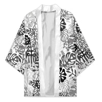 White Aloha Hawaiian Kimono Monstera Hibiscus Tropical Pattern