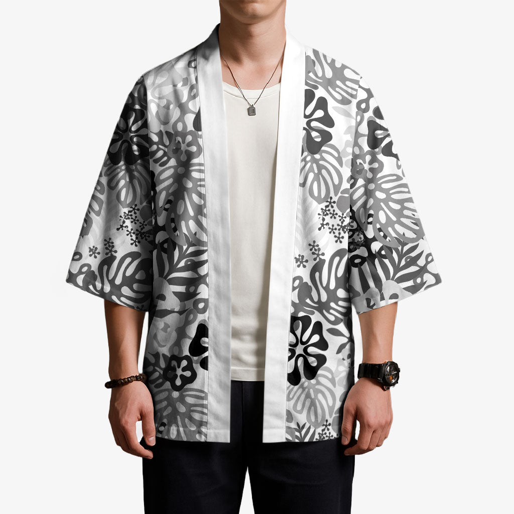 White Aloha Hawaiian Kimono Monstera Hibiscus Tropical Pattern