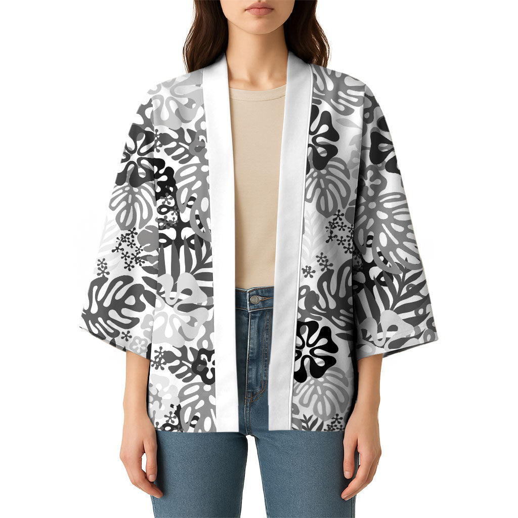 White Aloha Hawaiian Kimono Monstera Hibiscus Tropical Pattern