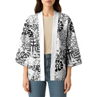 White Aloha Hawaiian Kimono Monstera Hibiscus Tropical Pattern