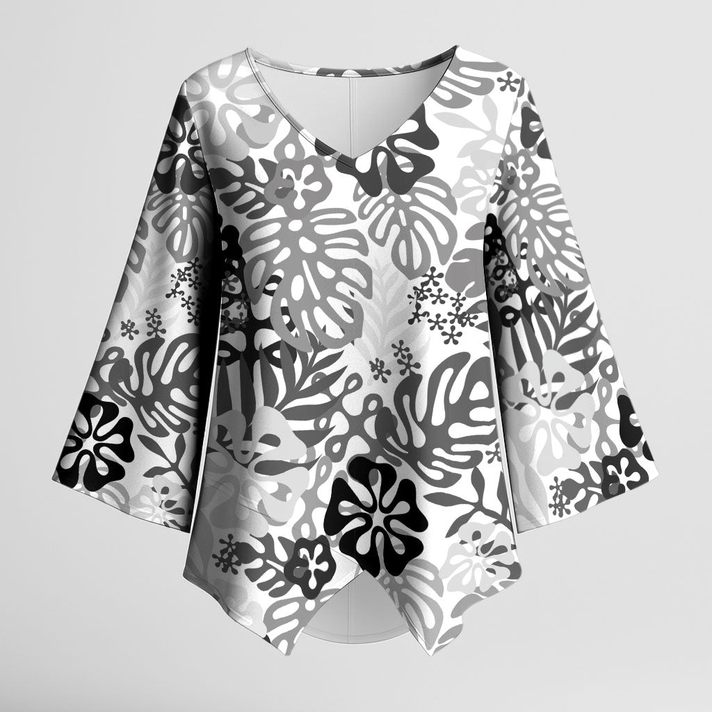 White Aloha Hawaiian Kimono Sleeve Blouse Monstera Hibiscus Tropical Pattern