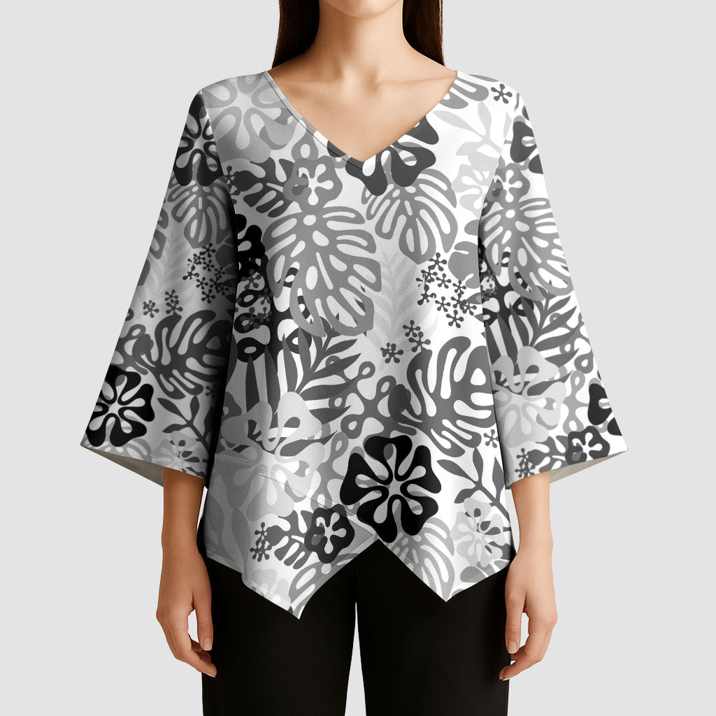 White Aloha Hawaiian Kimono Sleeve Blouse Monstera Hibiscus Tropical Pattern