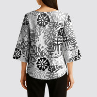 White Aloha Hawaiian Kimono Sleeve Blouse Monstera Hibiscus Tropical Pattern