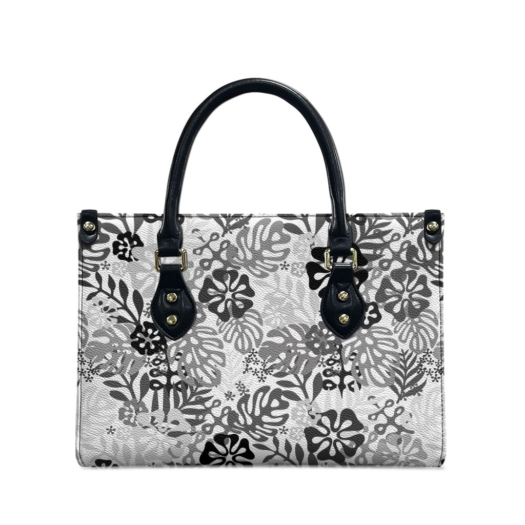 White Aloha Hawaiian Leather Bag Monstera Hibiscus Tropical Pattern