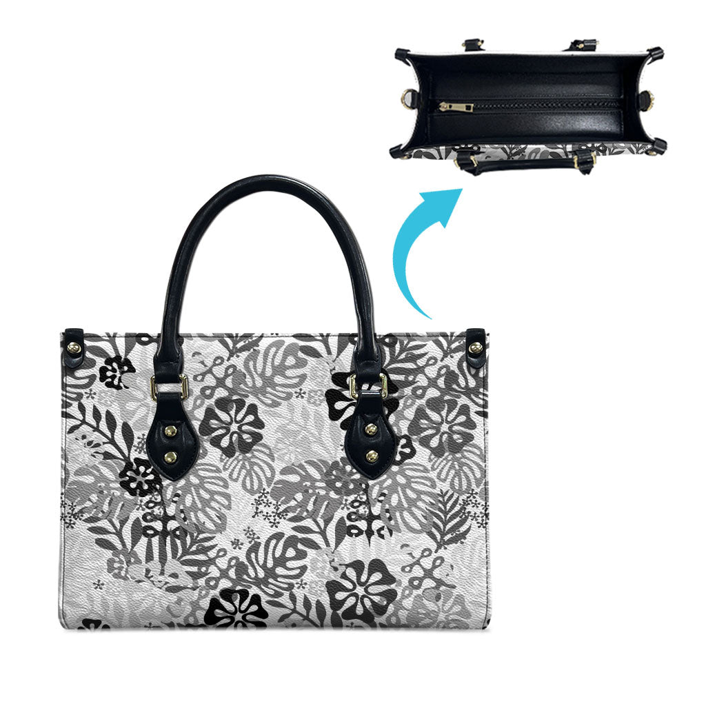White Aloha Hawaiian Leather Bag Monstera Hibiscus Tropical Pattern