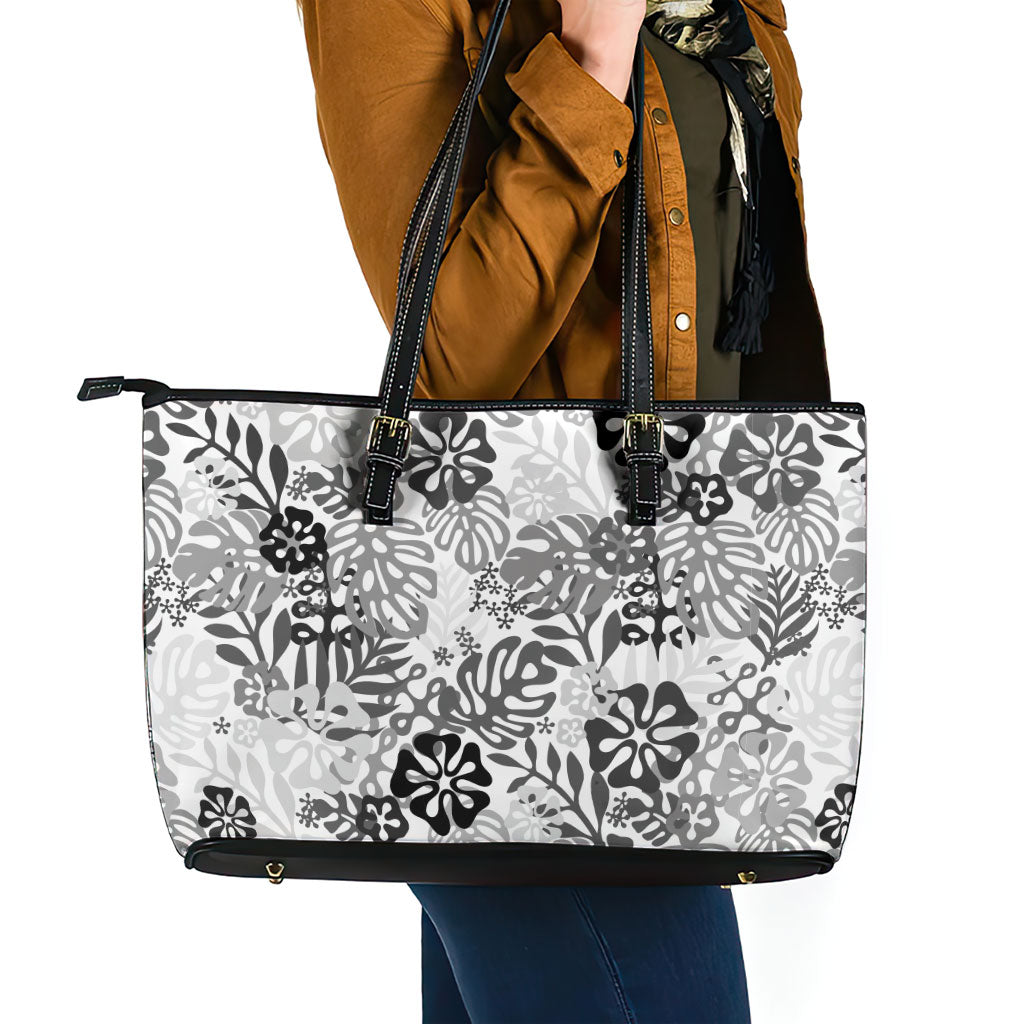 White Aloha Hawaiian Leather Tote Bag Monstera Hibiscus Tropical Pattern