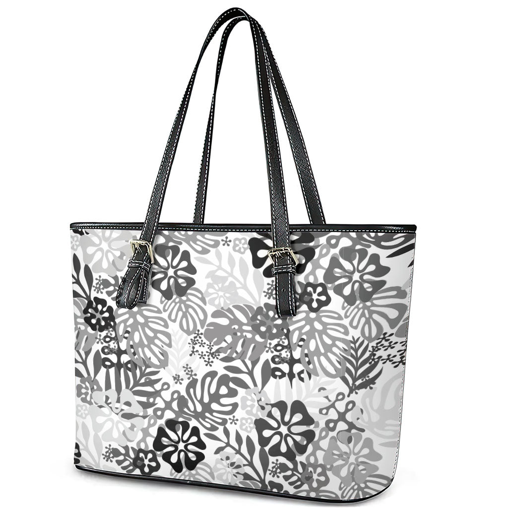 White Aloha Hawaiian Leather Tote Bag Monstera Hibiscus Tropical Pattern