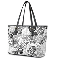 White Aloha Hawaiian Leather Tote Bag Monstera Hibiscus Tropical Pattern