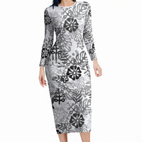 White Aloha Hawaiian Long Sleeve Bodycon Dress Monstera Hibiscus Tropical Pattern