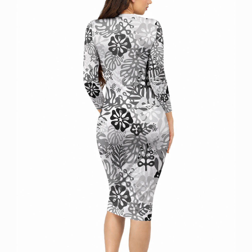 White Aloha Hawaiian Long Sleeve Bodycon Dress Monstera Hibiscus Tropical Pattern