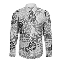 White Aloha Hawaiian Long Sleeve Button Shirt Monstera Hibiscus Tropical Pattern