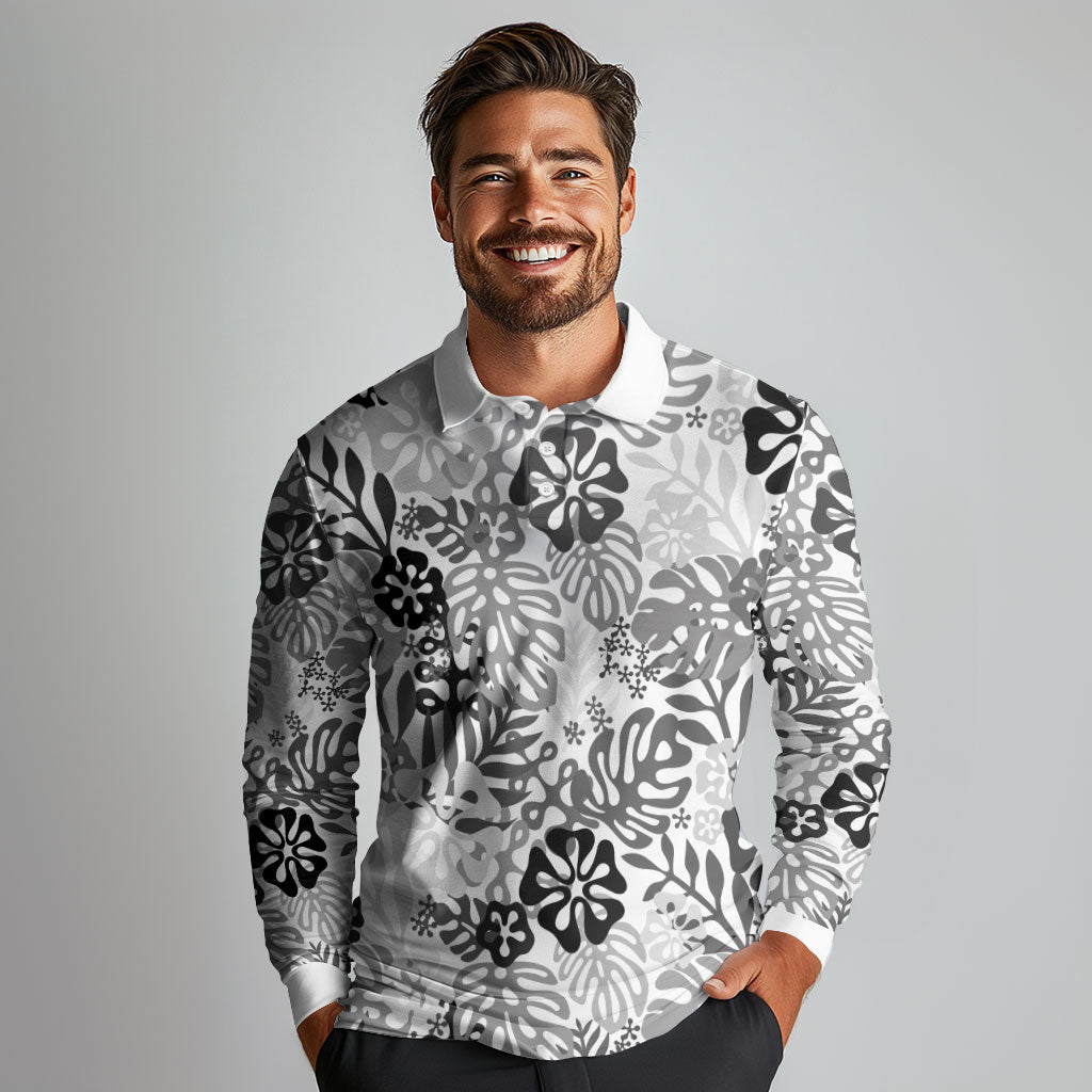 White Aloha Hawaiian Long Sleeve Polo Shirt Monstera Hibiscus Tropical Pattern