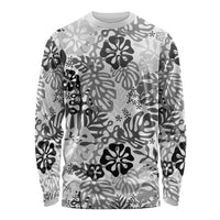 White Aloha Hawaiian Long Sleeve Shirt Monstera Hibiscus Tropical Pattern