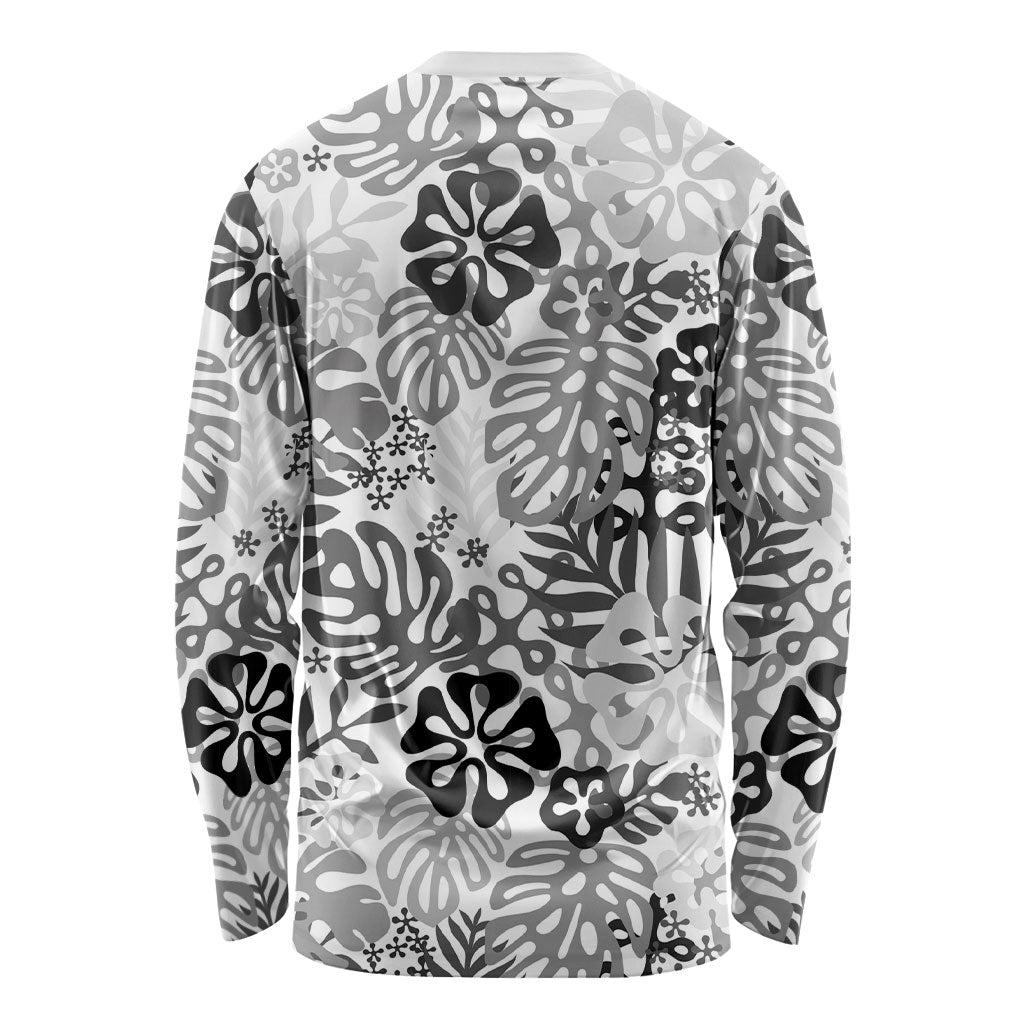 White Aloha Hawaiian Long Sleeve Shirt Monstera Hibiscus Tropical Pattern