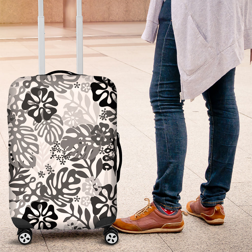 White Aloha Hawaiian Luggage Cover Monstera Hibiscus Tropical Pattern