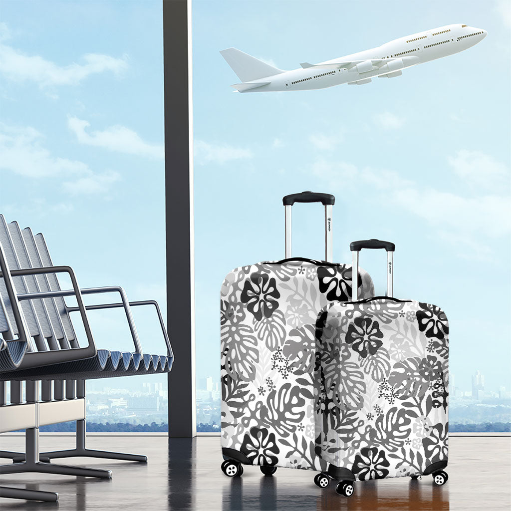 White Aloha Hawaiian Luggage Cover Monstera Hibiscus Tropical Pattern