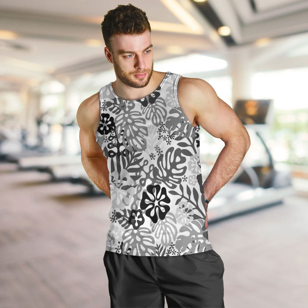White Aloha Hawaiian Men Tank Top Monstera Hibiscus Tropical Pattern