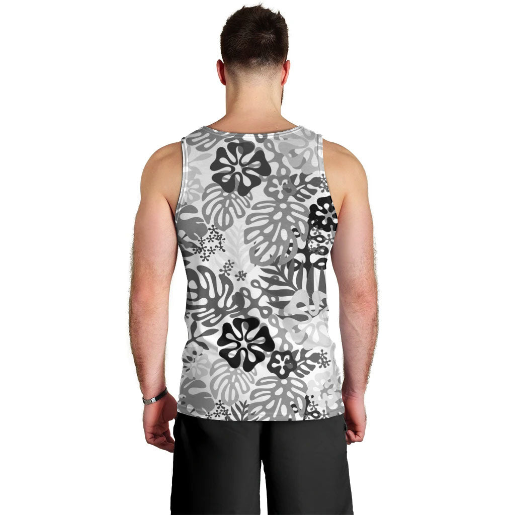 White Aloha Hawaiian Men Tank Top Monstera Hibiscus Tropical Pattern