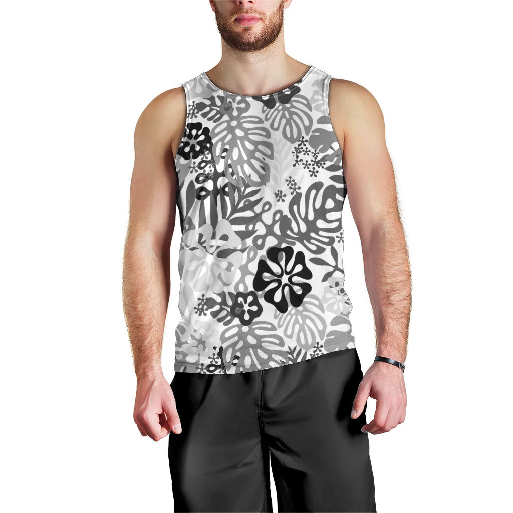 White Aloha Hawaiian Men Tank Top Monstera Hibiscus Tropical Pattern