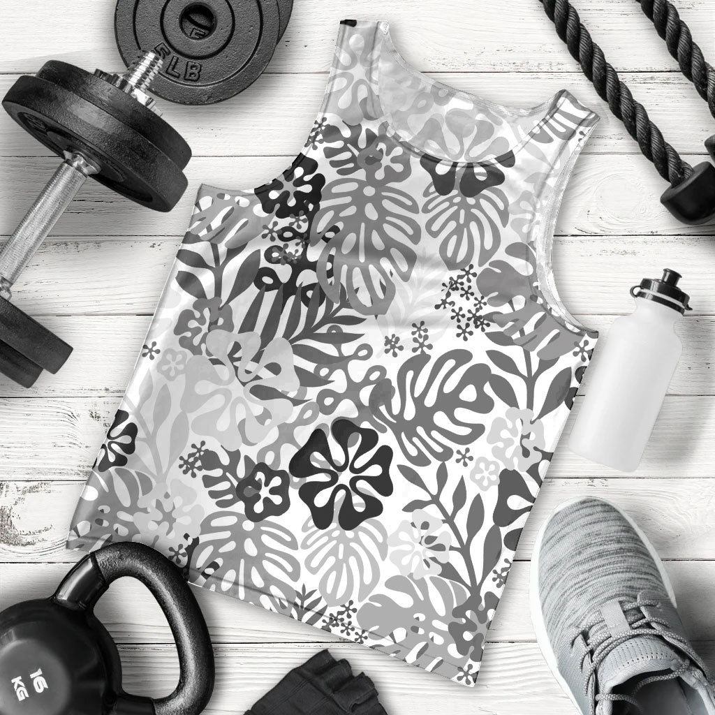 White Aloha Hawaiian Men Tank Top Monstera Hibiscus Tropical Pattern