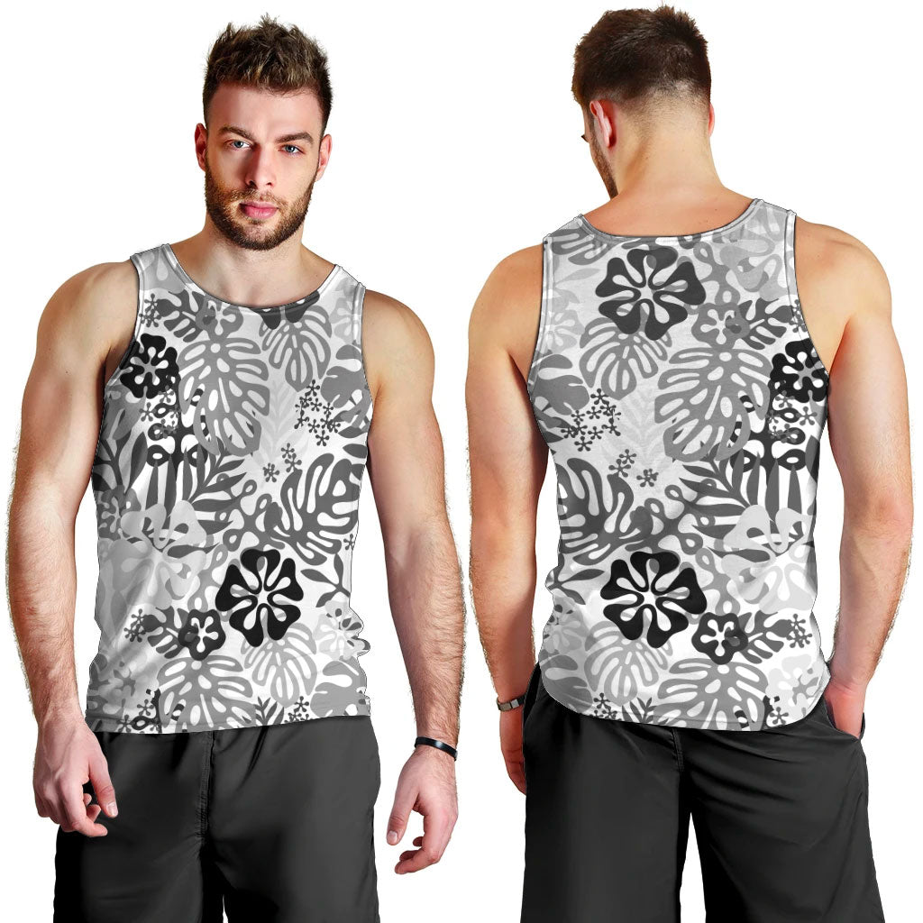 White Aloha Hawaiian Men Tank Top Monstera Hibiscus Tropical Pattern