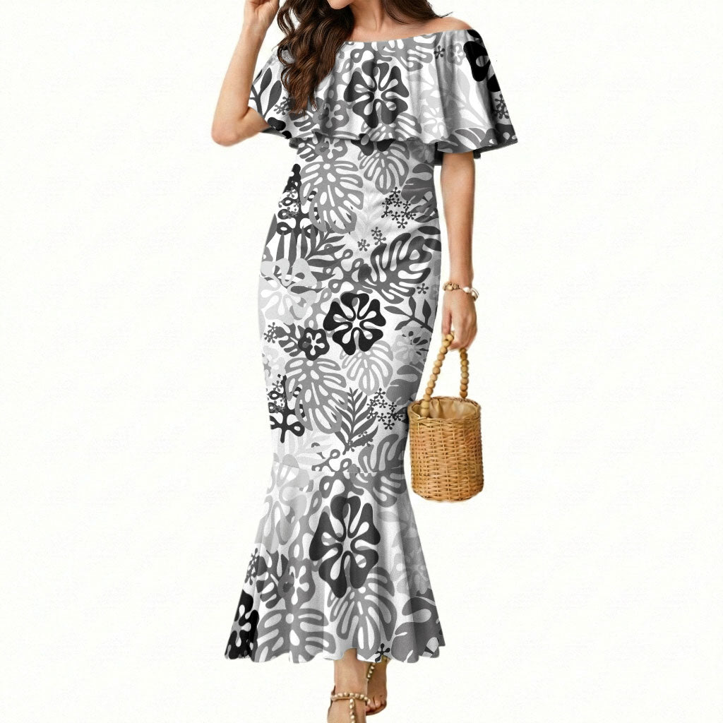 White Aloha Hawaiian Mermaid Dress Monstera Hibiscus Tropical Pattern